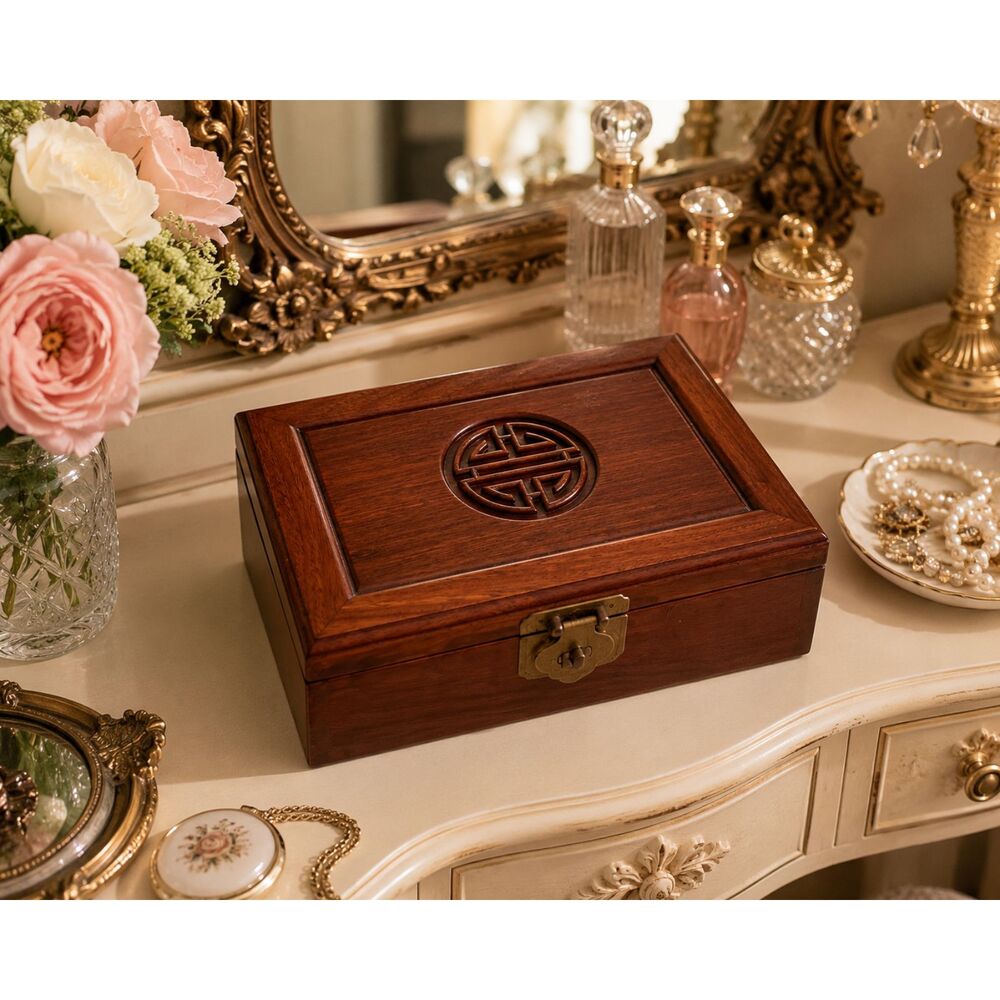 Vintage  Rosewood Jewelry Box | Hand-Carved | Red Silk Lined Keepsake Box